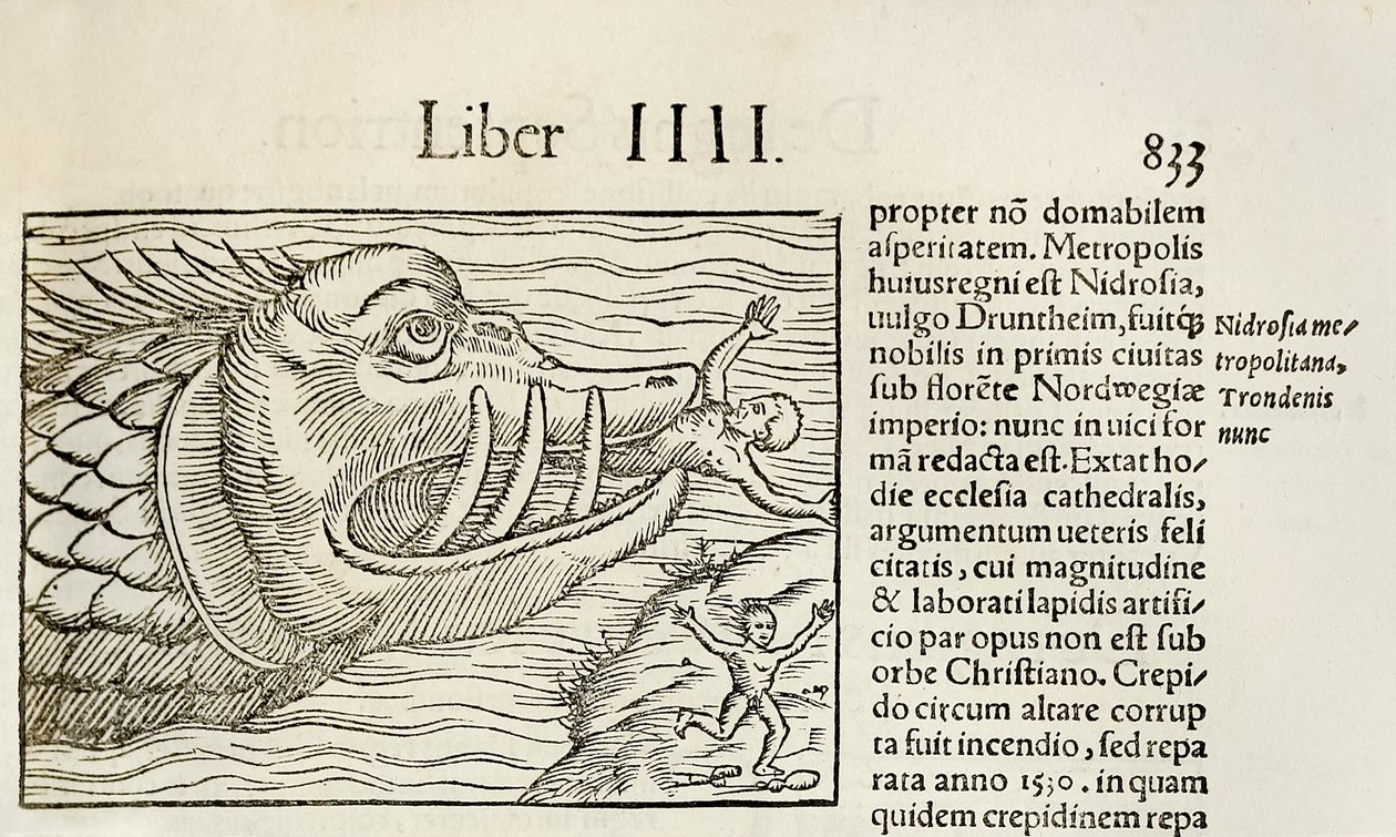 Ballena monstruosa devorando humanos, de la edición de 1550 de 