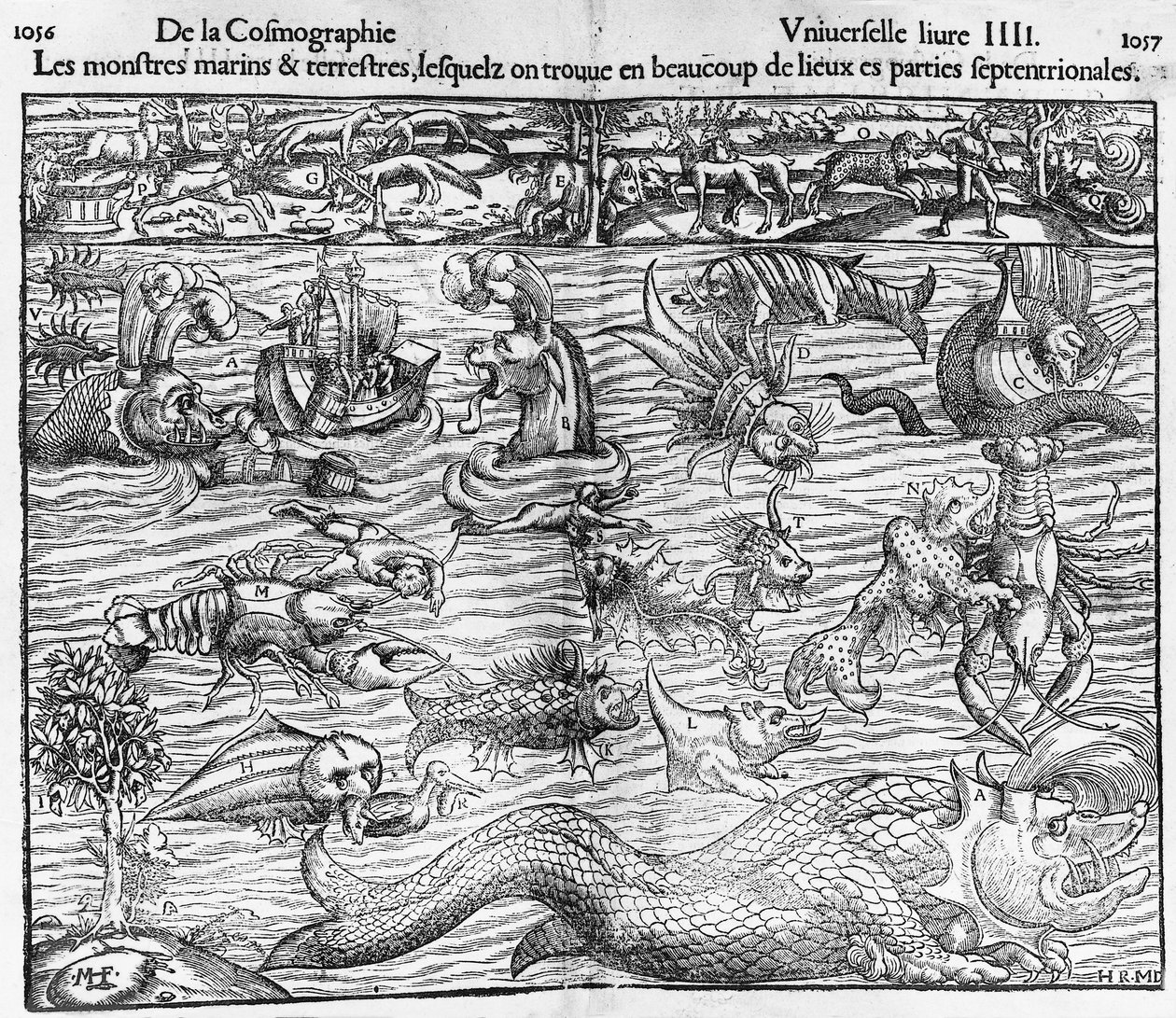 Monstruos marinos y terrestres, ilustración de Cosmographia Universalis, por Sebastian Munster (1489-1552) de Sebastian Munster