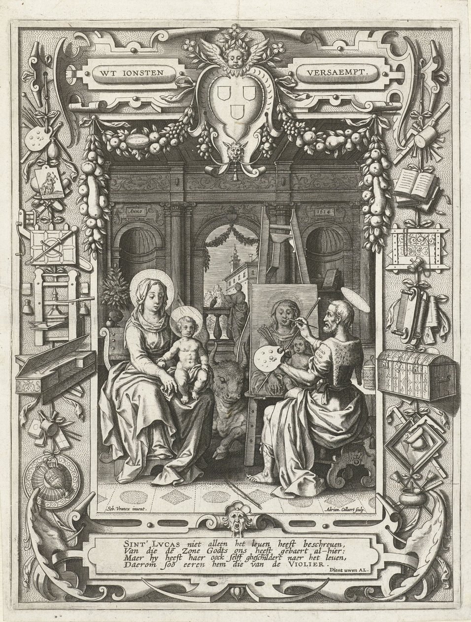 Escudo de armas del Gremio de San Lucas con San Lucas pintando a la Virgen y el Niño, 1620-21 de Sebastian Vrancx