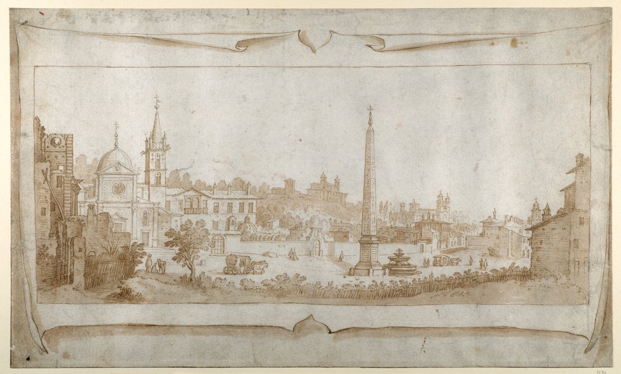 Diseño para un frontispicio con una vista de Roma dentro de la Porta del Popolo y una vista del Pincio de Sebastian Vrancx