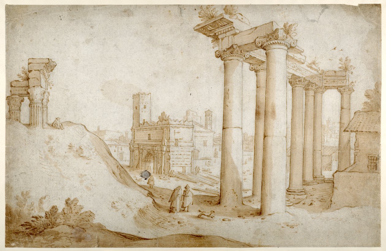 El Foro Romano con el Templo de Tito y Vespasiano, el Templo de Saturno y el Arco de Septimio Severo de Sebastian Vrancx