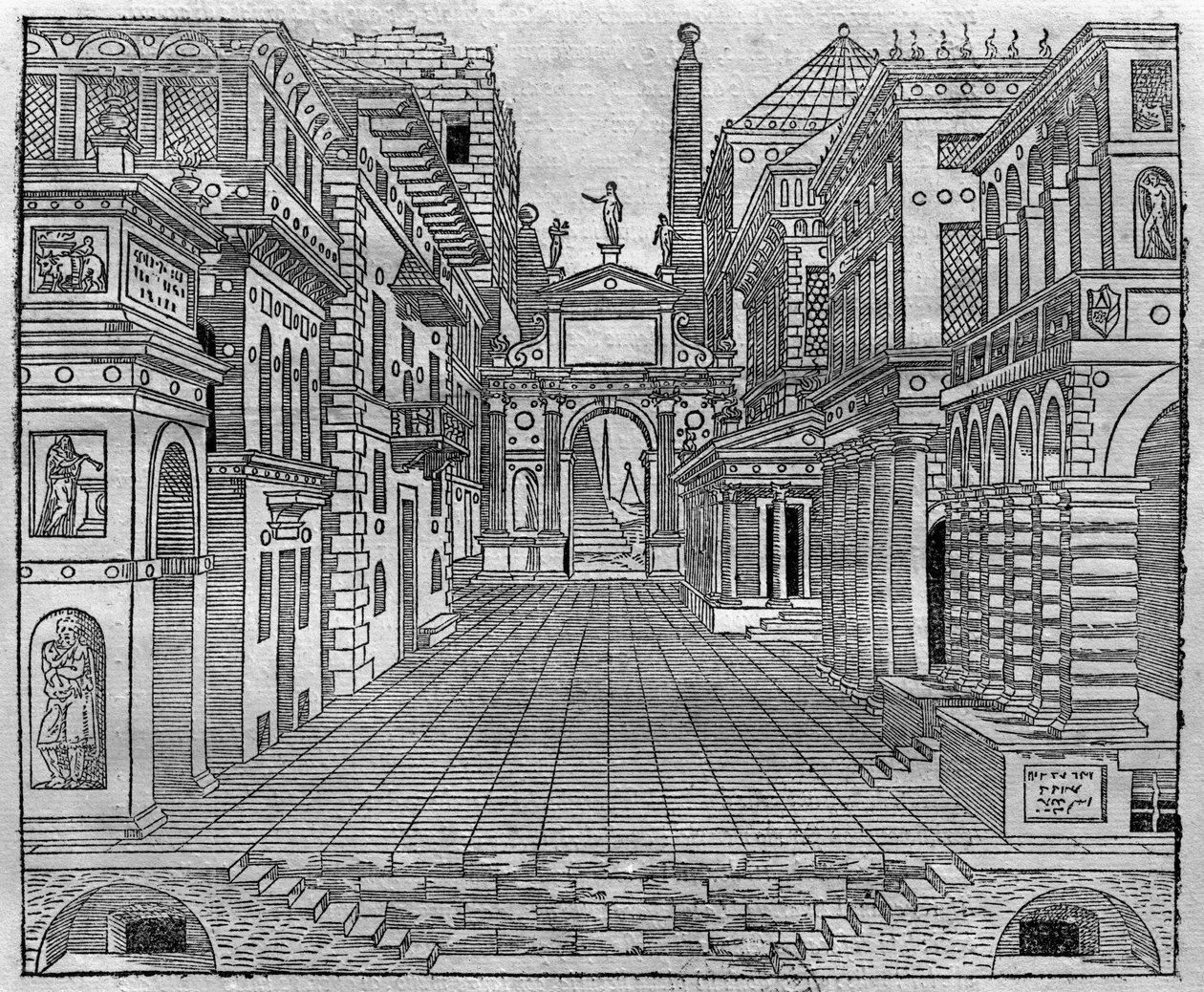 Diseño de escenario para una escena trágica de Sebastiano Serlio