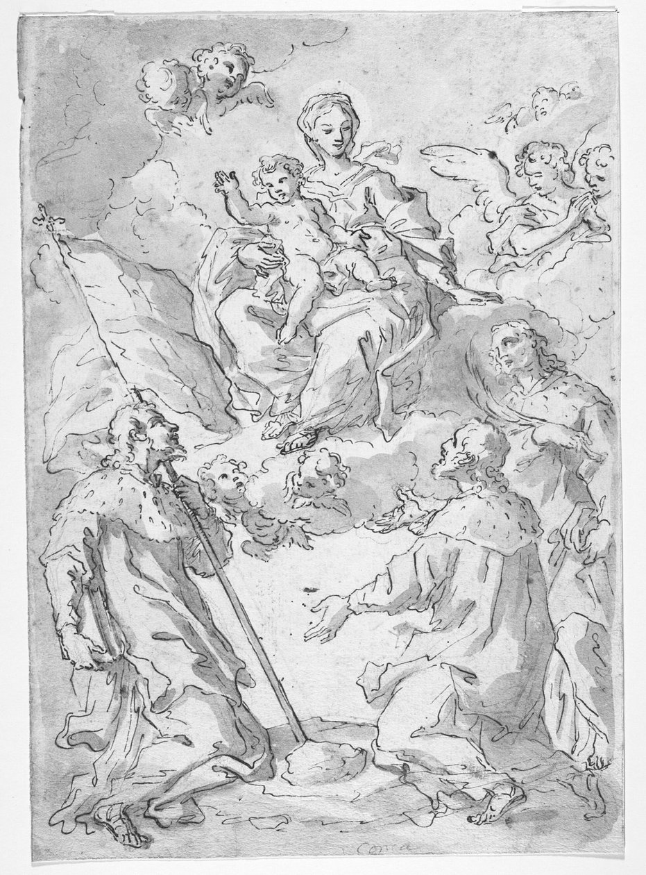 Danés: Tres santos varones con la Virgen y el Niño en las nubes rodeados de ángeles de Sebastiano Conca