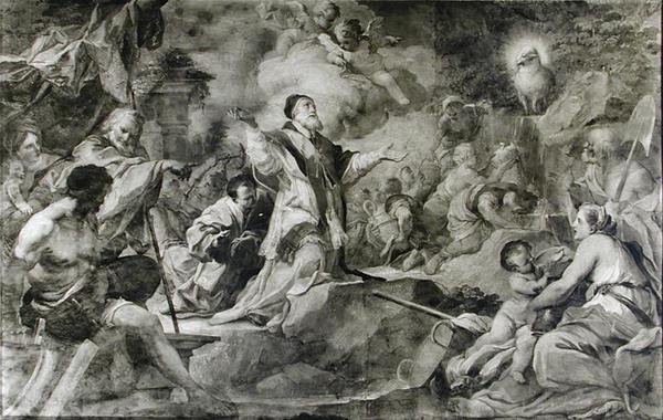 San Clemente invocando al Cordero de Dios para producir agua de una roca en Crimea de Sebastiano Conca