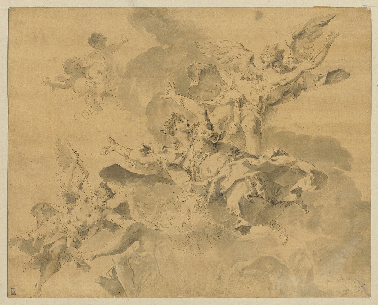 Una reina enviada al infierno por ángeles vengadores, c.1676-1746 (pluma, tinta y aguada sobre papel) de Sebastiano Galeotti