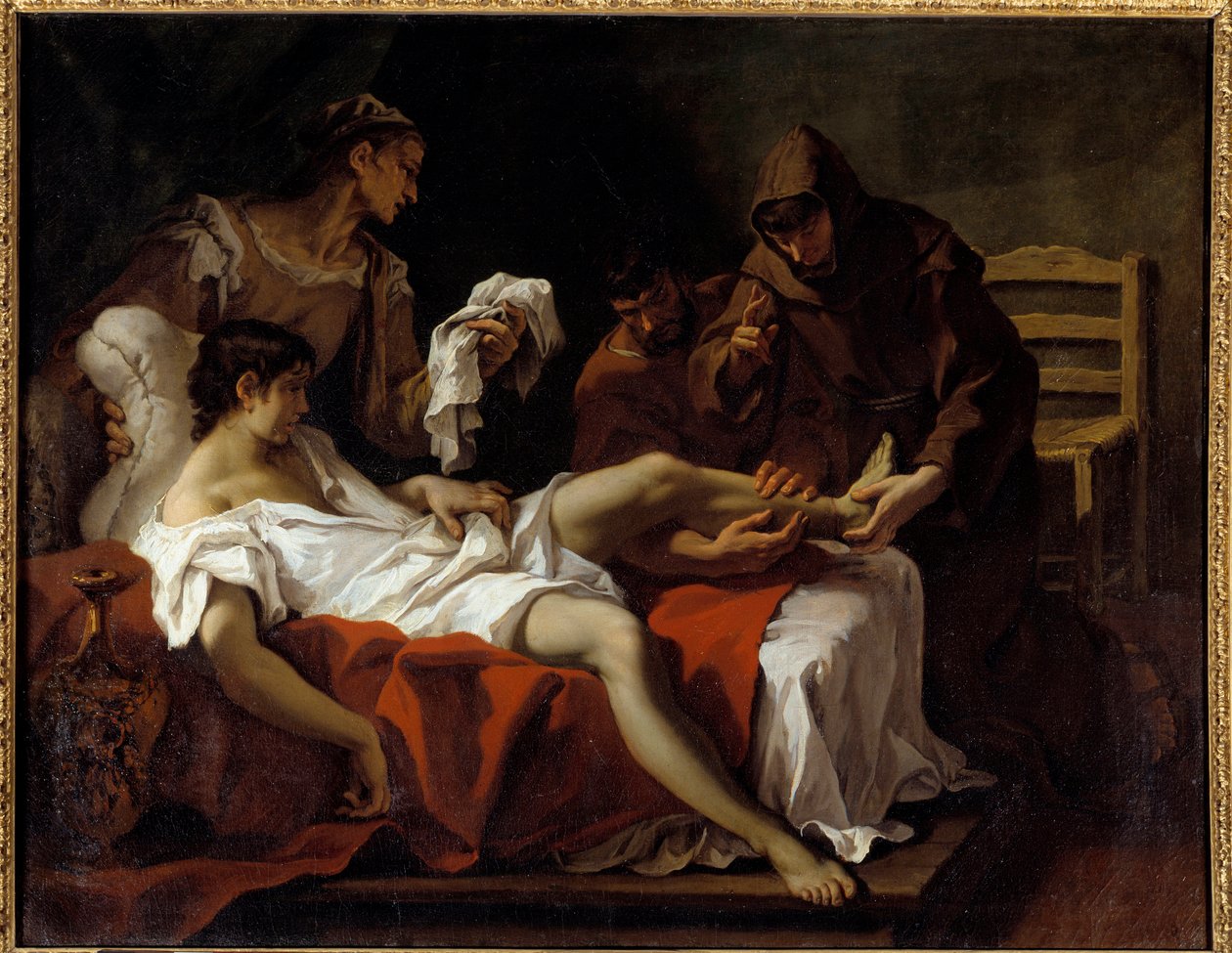 San Antonio de Padua advirtiendo a un joven que se había amputado el pie para castigarse por golpear a su madre de Sebastiano Ricci