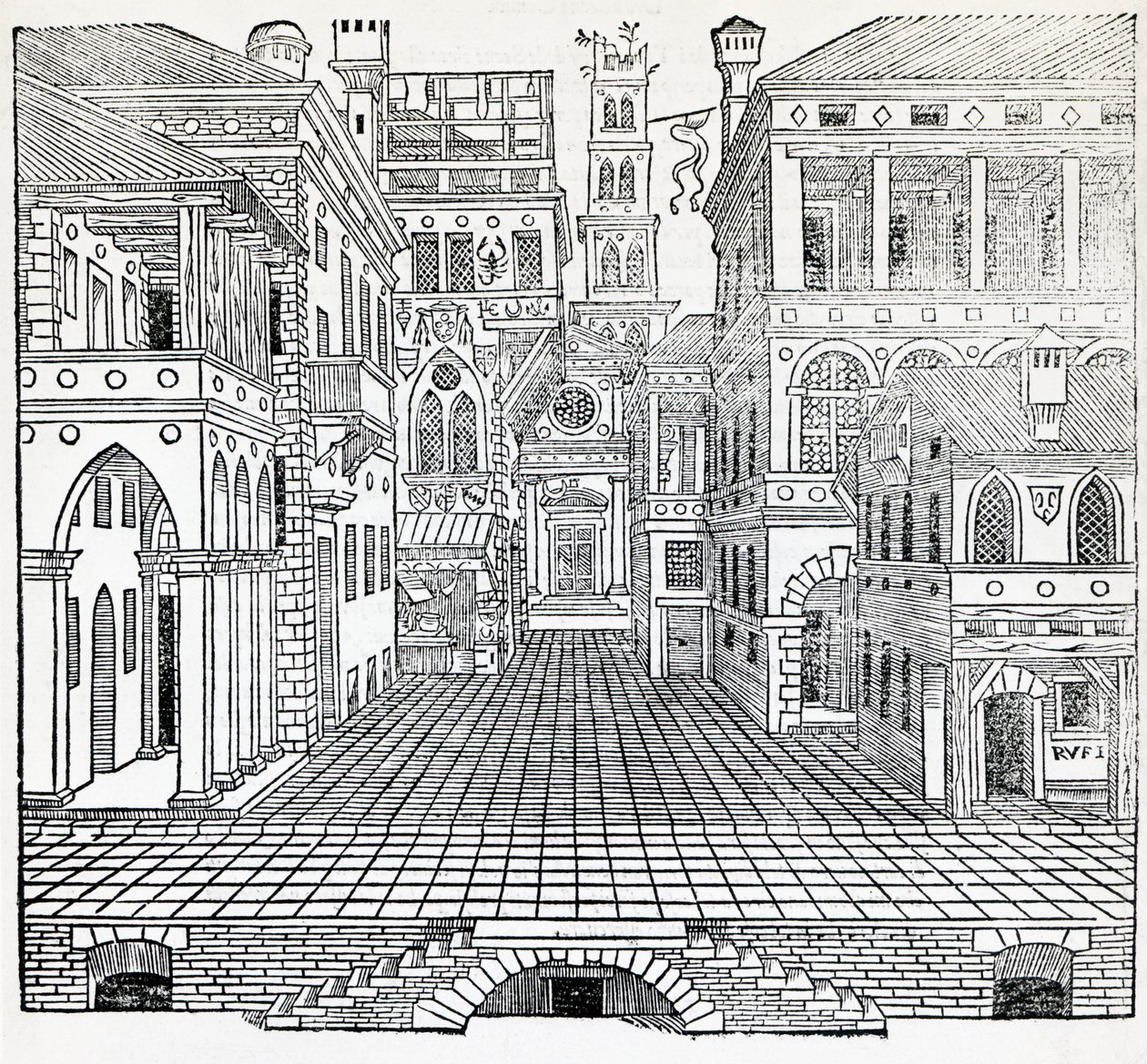 Escena mágica, diseño escénico teatral por Sebastiano Serlio, ilustración de Tratado de Arquitectura, Libro II de Sebastiano Serlio