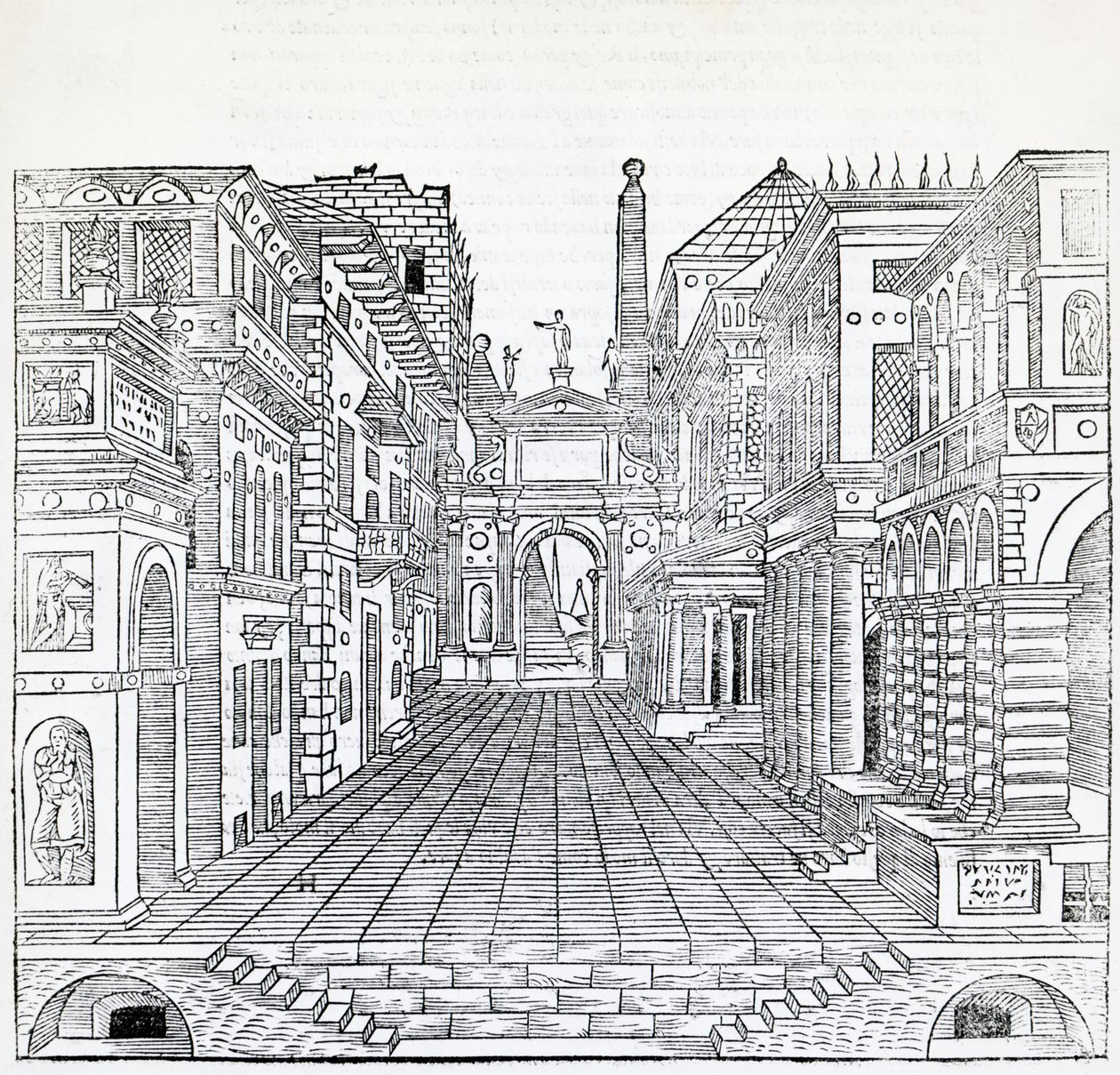 Escena mágica, diseño escénico teatral por Sebastiano Serlio, ilustración de Tratado de Arquitectura, Libro II de Sebastiano Serlio