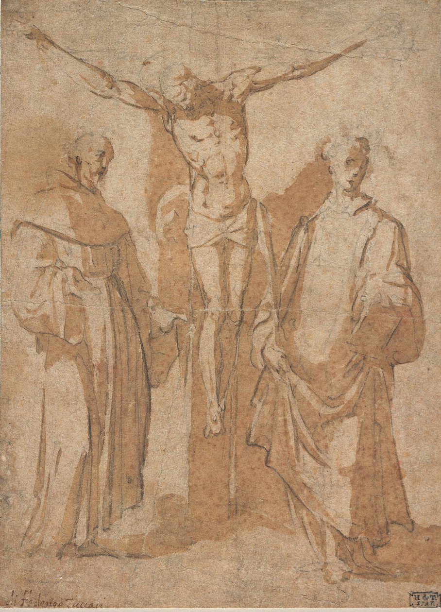 Cristo en la cruz flanqueado por dos santos de Sebastiano Vini