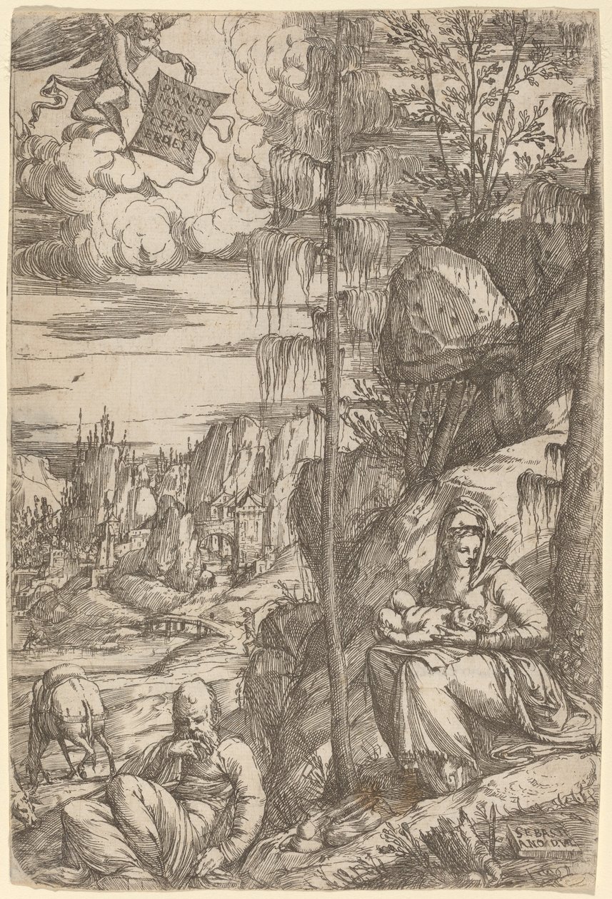 Paisaje con el Descanso en la Huida a Egipto de Sebastiano de Valentinis