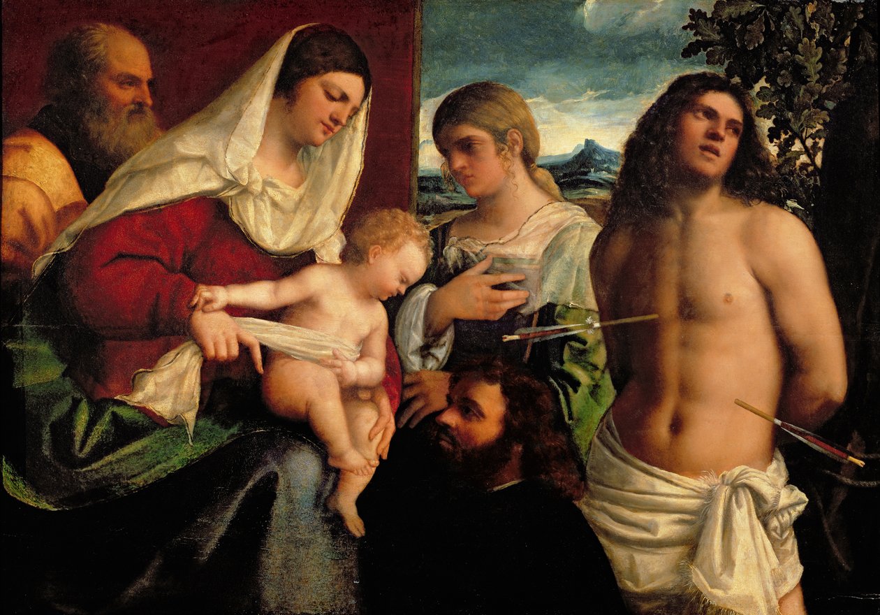 Sacra Conversazione con SS. Catalina, Sebastián y la Sagrada Familia de Sebastiano del Piombo