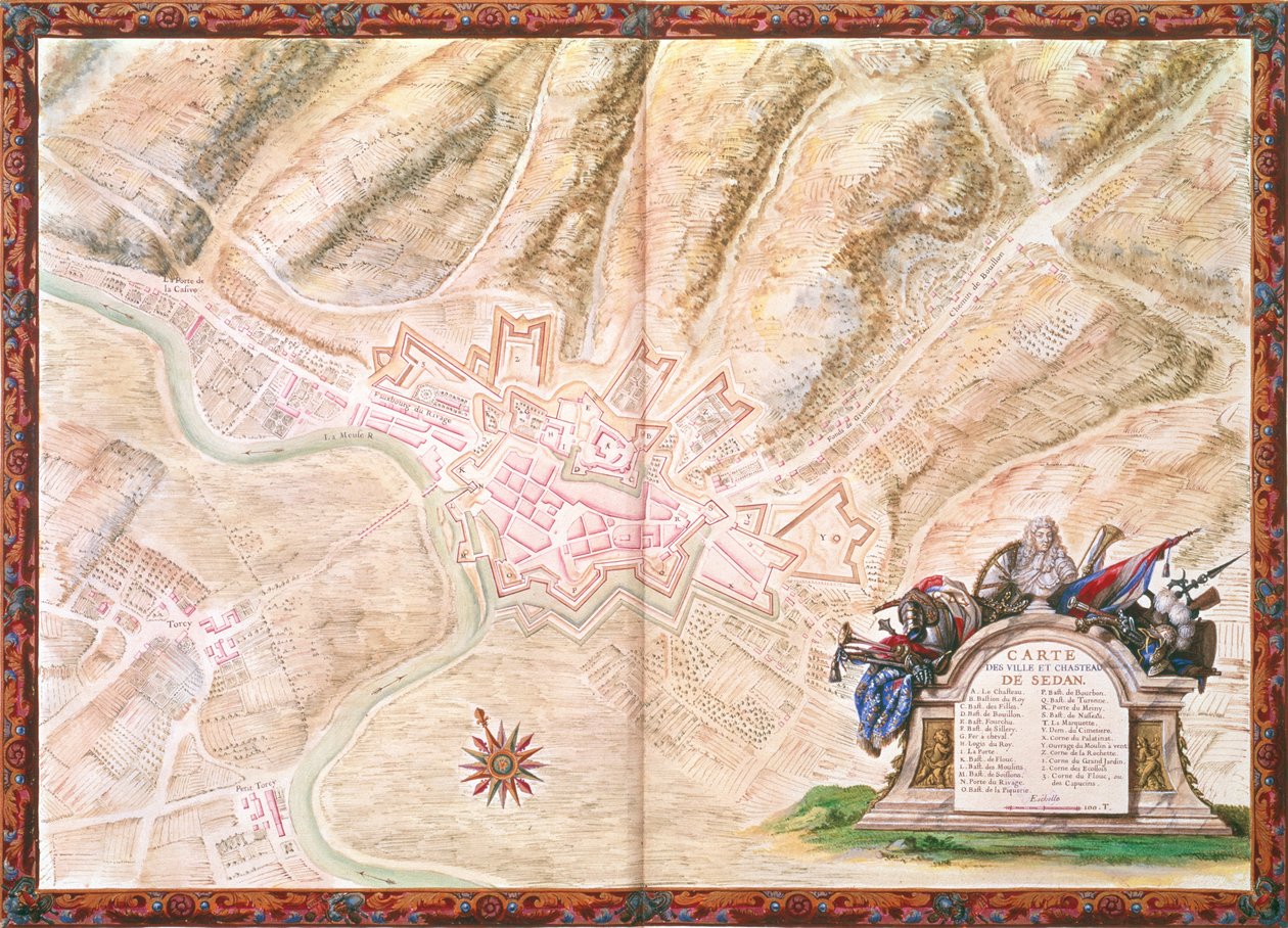 Ms. 988, Vol.3 fol.16 Plano y mapa de la ciudad y el castillo de Sedan, del Atlas Louis XIV, 1683-88 de Sebastien Le Prestre de Vauban