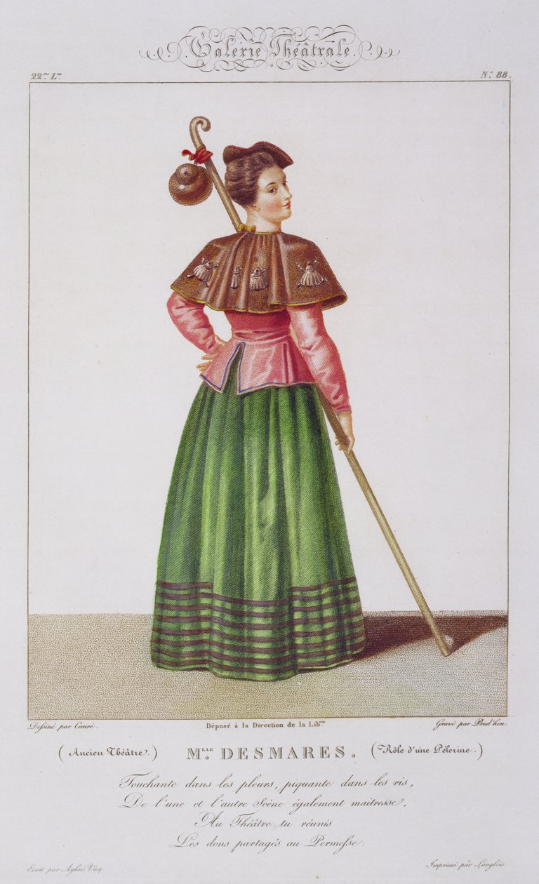 Mademoiselle Desmares en el papel de una peregrina, lámina 88 de la Galería Teatral, grabado por Jean Prudhon (n.1778) pub. 1812-34 de Sebastien after Coeure
