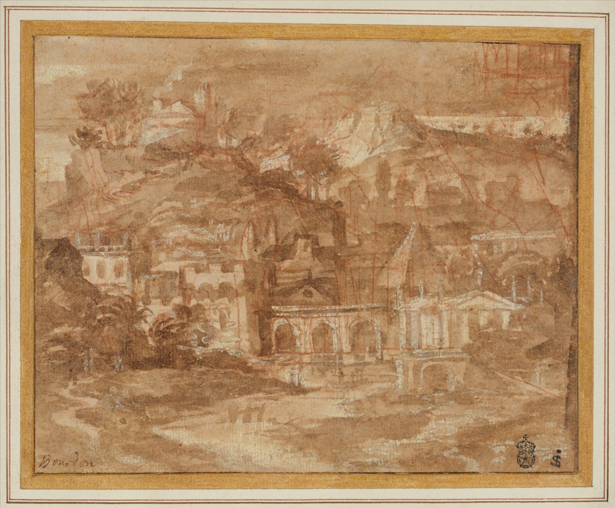 Paisaje clásico con edificios junto a un río de Sébastien Bourdon