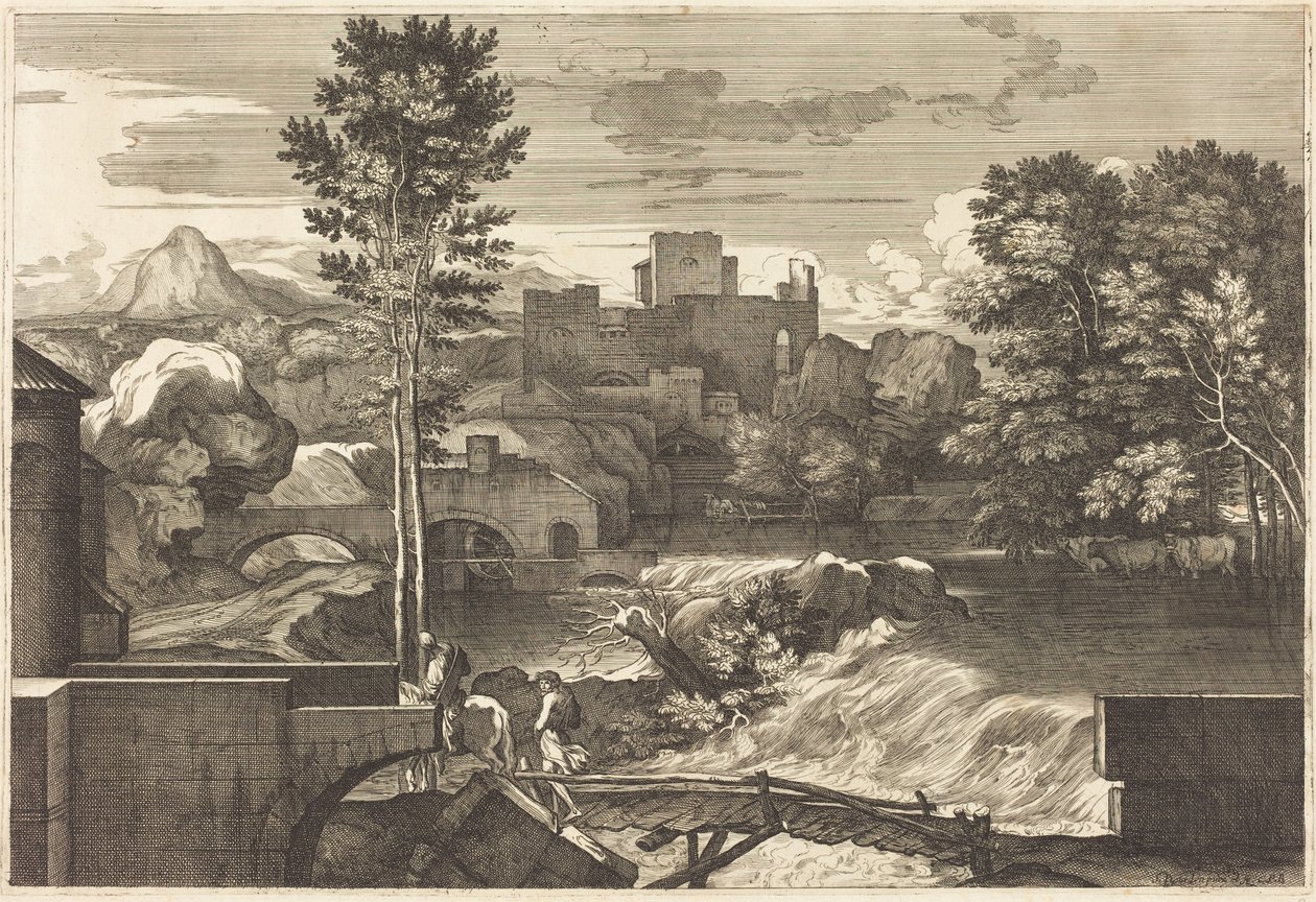 Paisaje con dos figuras en un puente de Sébastien Bourdon