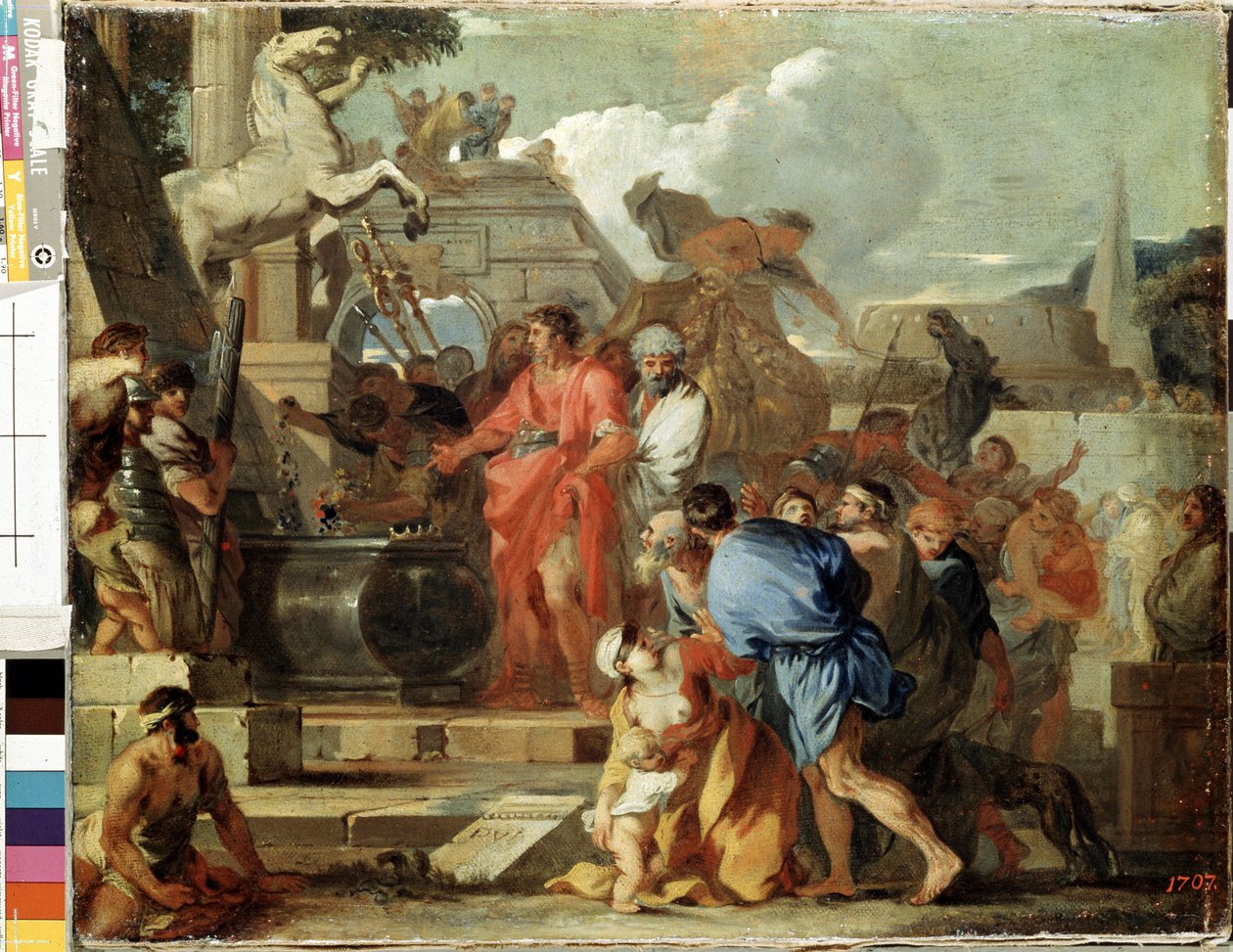 ""El emperador Augusto visita la tumba de Alejandro Magno durante su campaña en Egipto"" (Augusto ante la tumba de Alejandro Magno) Pintura de Sebastien Bourdon (1616-1671) 1650-1660 Dom. 45,5 x56,5 cm Museo del Hermitage, San Petersburgo de Sébastien Bourdon
