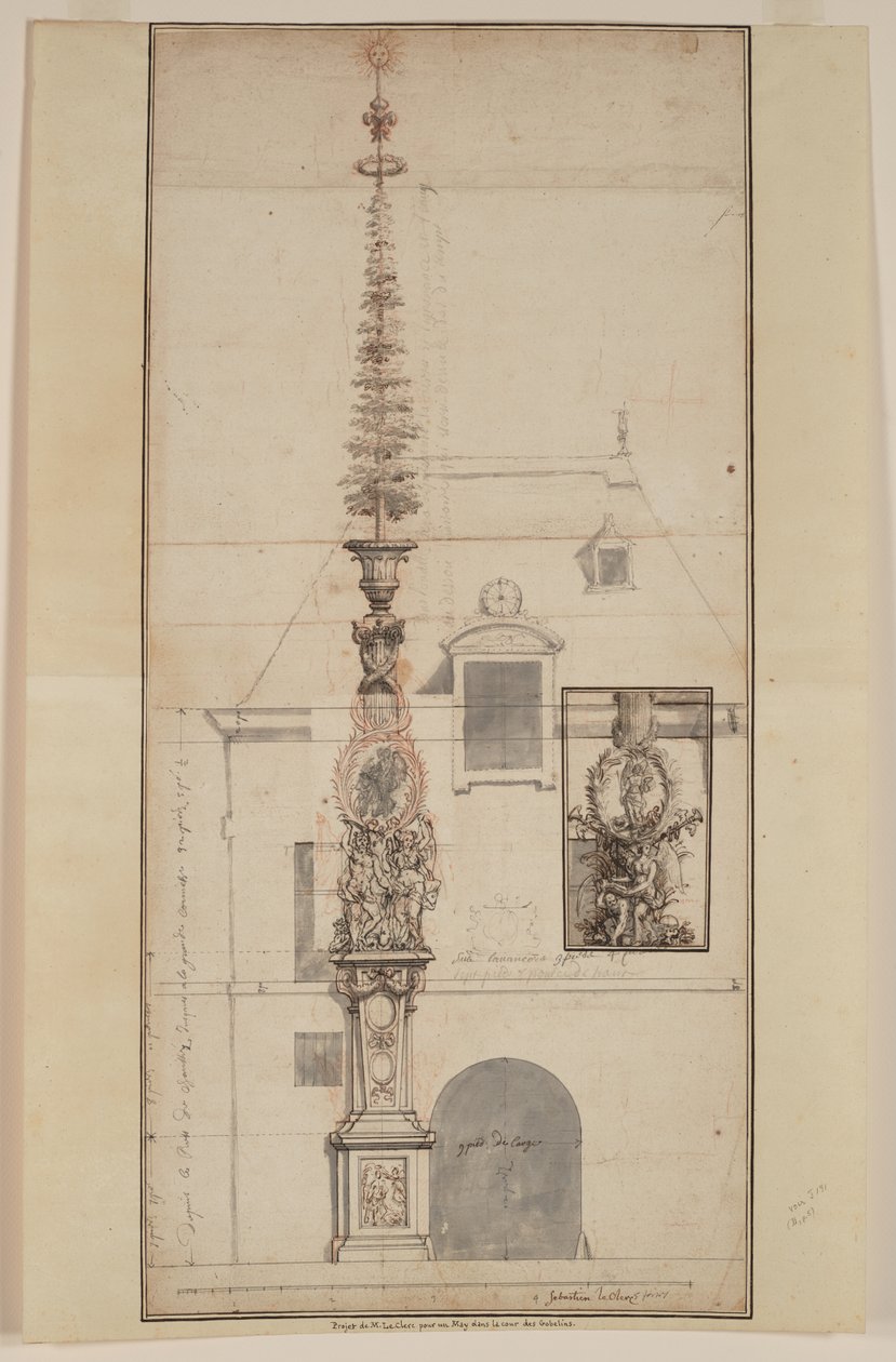 Projet de Mai des Gobelins permanent (anverso) (tiza negra, tiza roja, pluma y tinta negra y marrón, aguada gris, sobre dos hojas unidas) de Sebastien I Le Clerc
