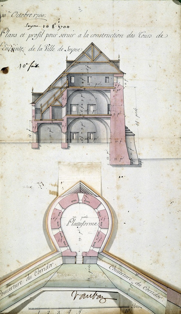 Plano y corte de las torres de la ciudad de Seyne, por Vauban, 10 de octubre de Sebastien Le Prestre de Vauban
