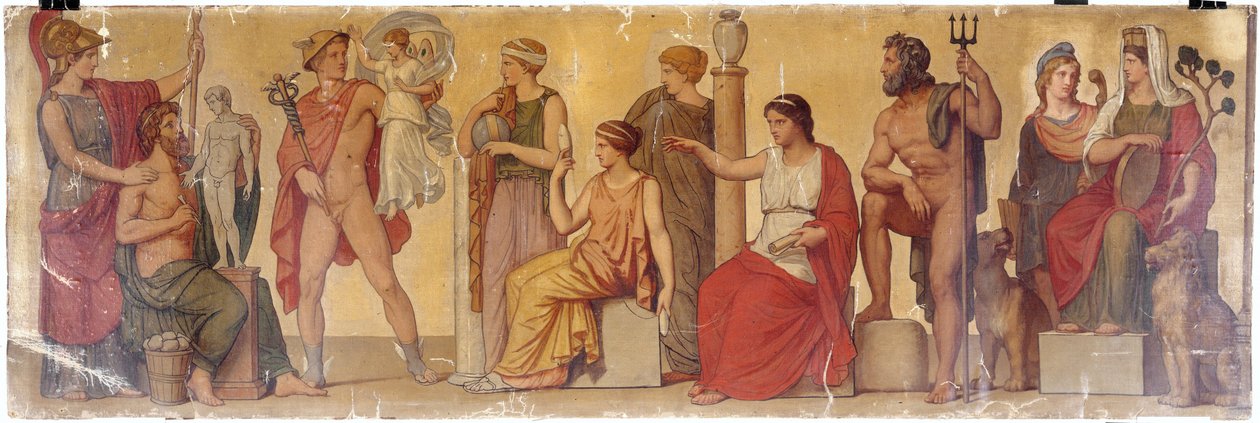 "Prometeo modelando al primer hombre", composición del atrio de la casa pompeyana del príncipe Napoleón, hacia 1860 (óleo sobre lienzo sobre madera) de Sebastien Melchior Cornu