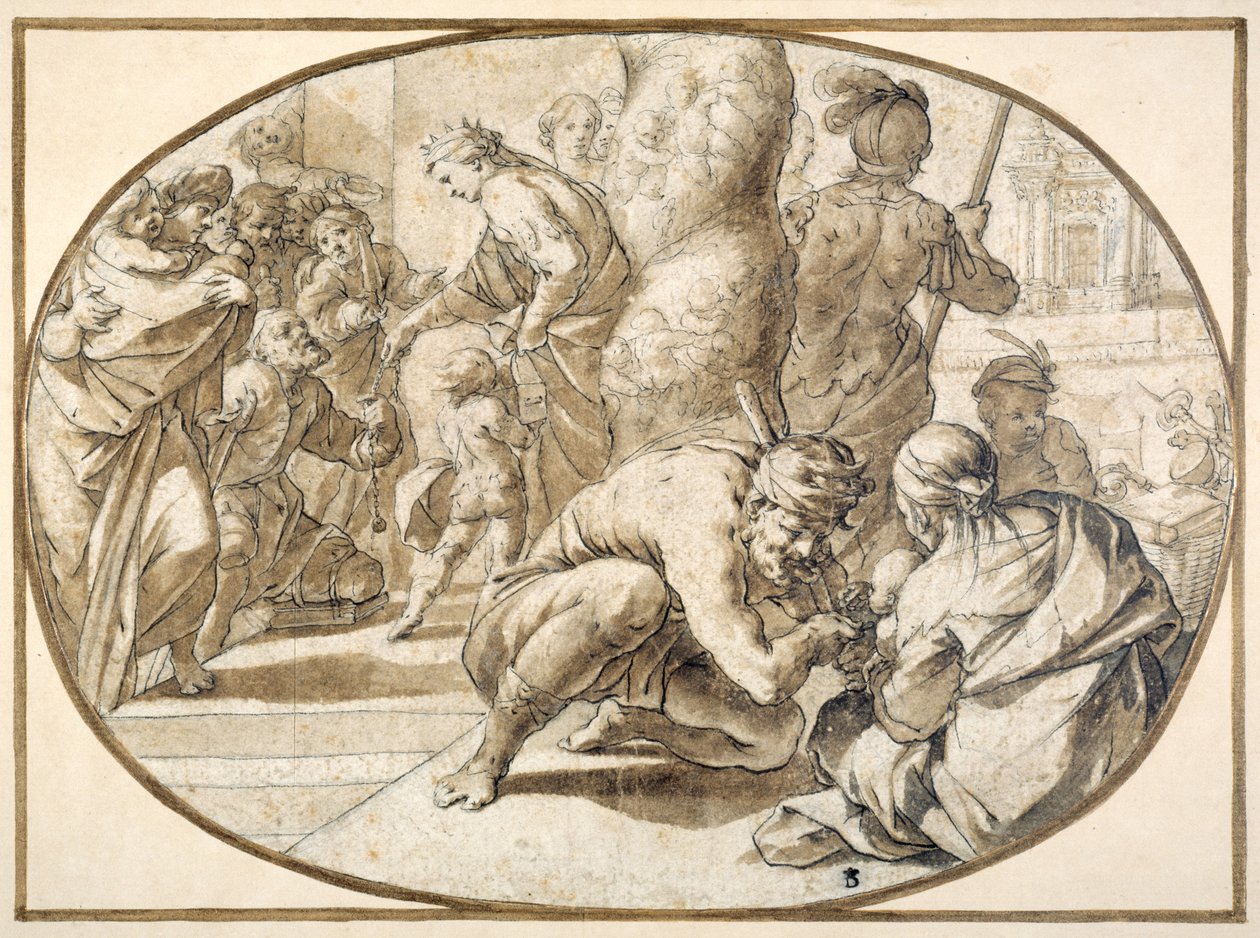Una reina distribuyendo limosnas a un mendigo lisiado en el templo de Jerusalén, principios del siglo XVII de Second School of Fontainebleau