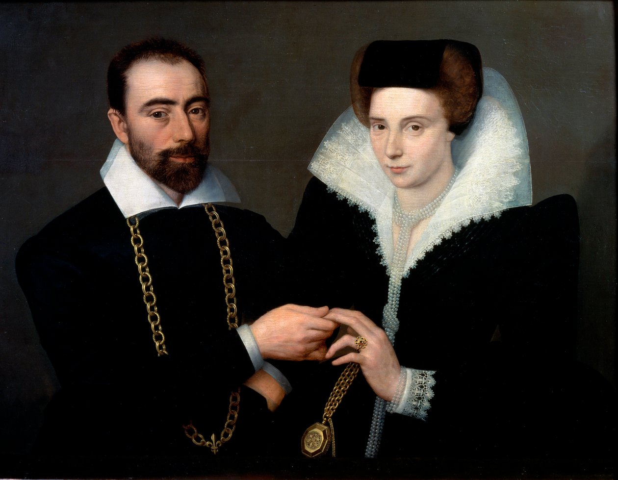 Retrato de una pareja. Ambos visten de negro, la mujer lleva un cuello de guipur. Pintura de la escuela de Fontainebleau de Second School of Fontainebleau