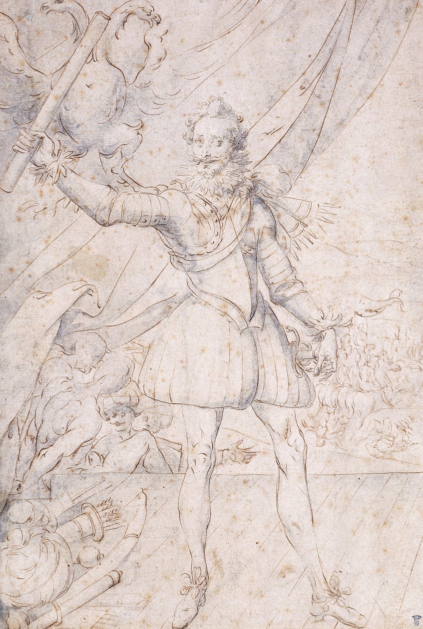 Rey Enrique IV, de cuerpo entero, un trofeo de las armas otomanas a sus pies, levantando un pergamino frente a un águila de Second School of Fountainebleau