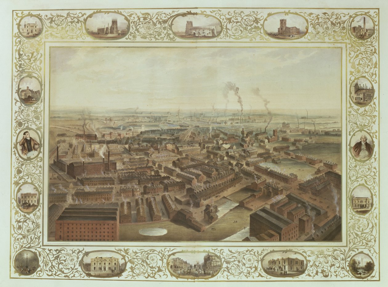 Bolton desde la chimenea de Blinkhorn con viñetas de edificios locales, 1848 de Selim Rothwell
