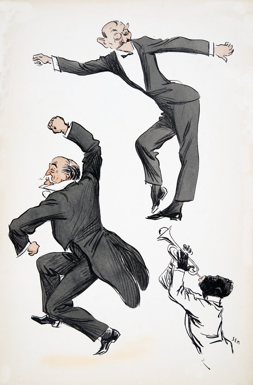 Caballero mayor en frac y caballero joven en traje negro bailan al son de un músico tocando la trompeta, de White Bottoms, pub. 1927 de Sem