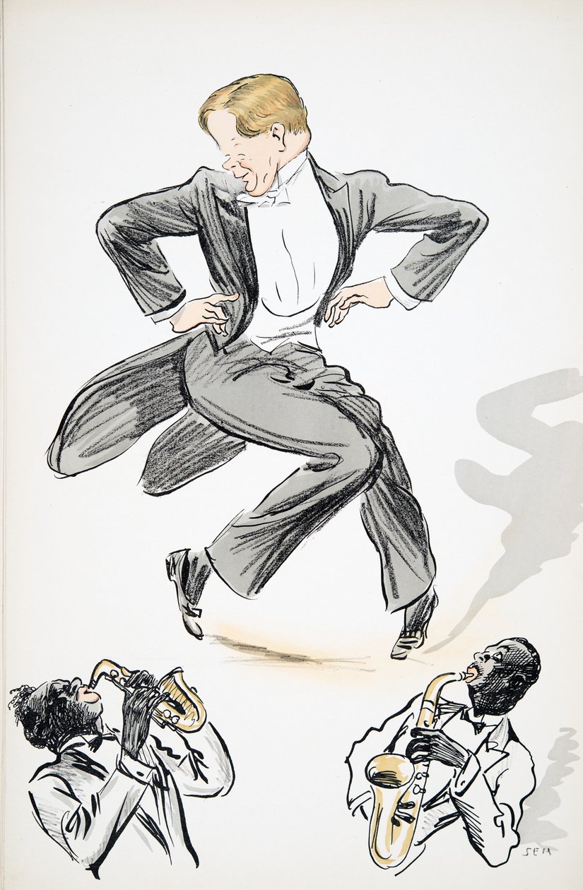 Caballero en frac y corbata blanca baila al son de dos músicos tocando el saxofón, de White Bottoms, pub. 1927 de Sem