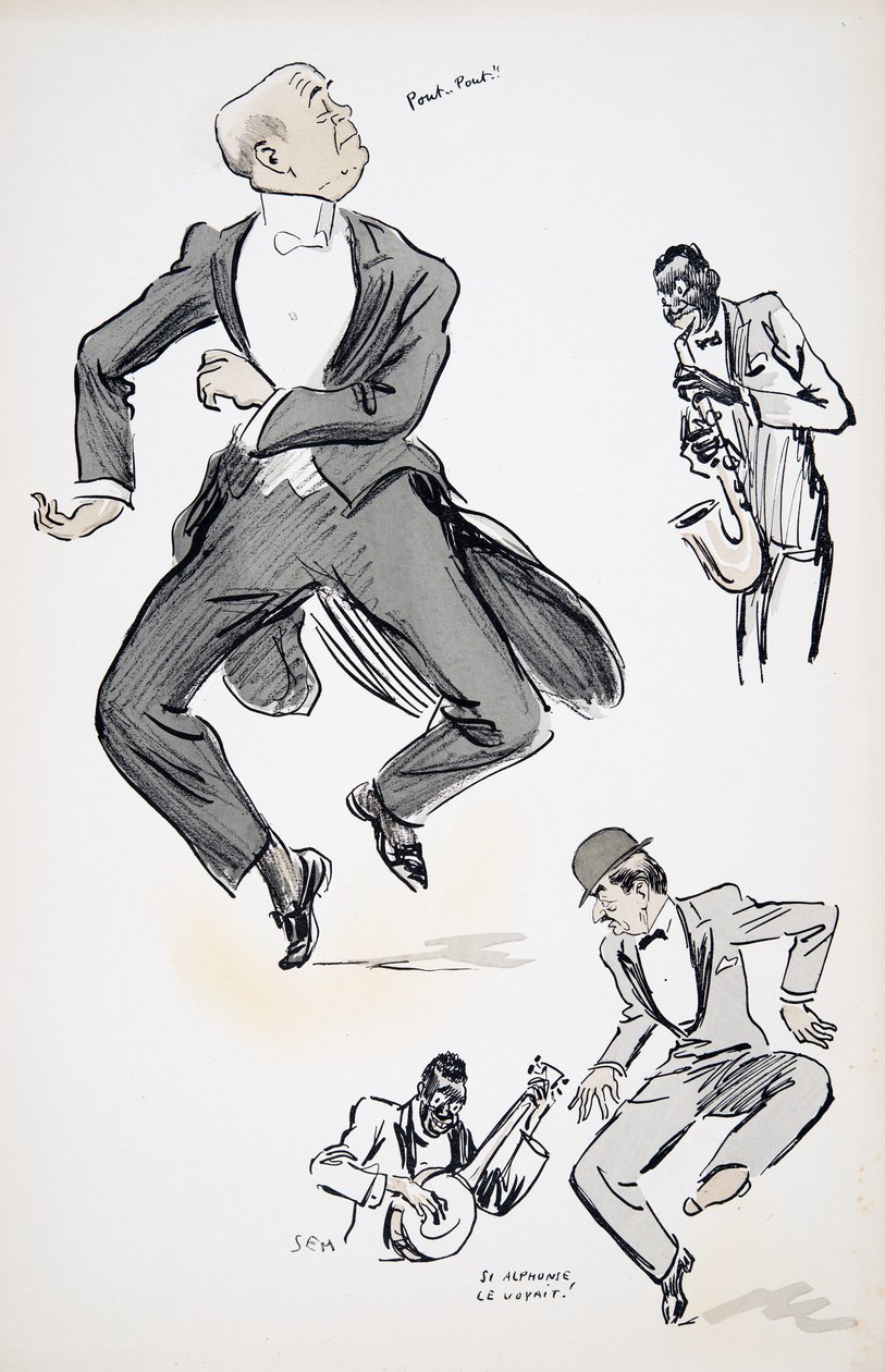 Caballero en corbata blanca y caballero en sombrero bombín prueban bailar jazz, interpretado por dos músicos tocando saxofón y banjo, de White Bottoms, pub. 1927 de Sem