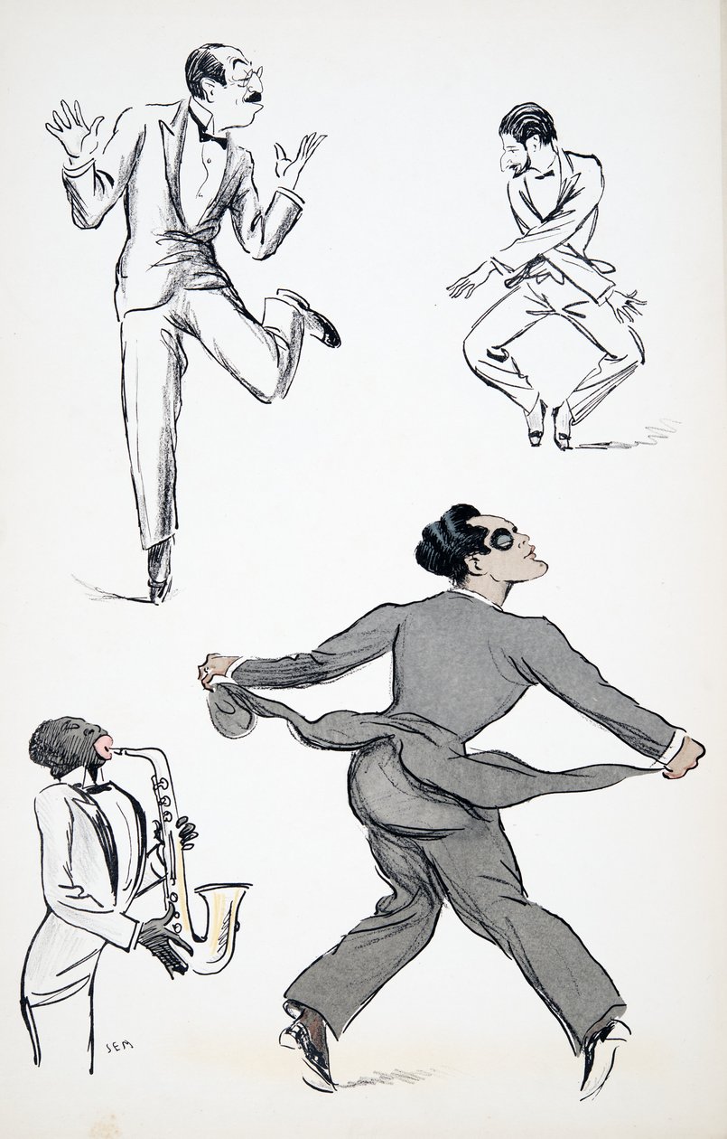 Tres caballeros en traje negro realizan movimientos del Charleston al son de un saxofón, de White Bottoms, pub. 1927 de Sem