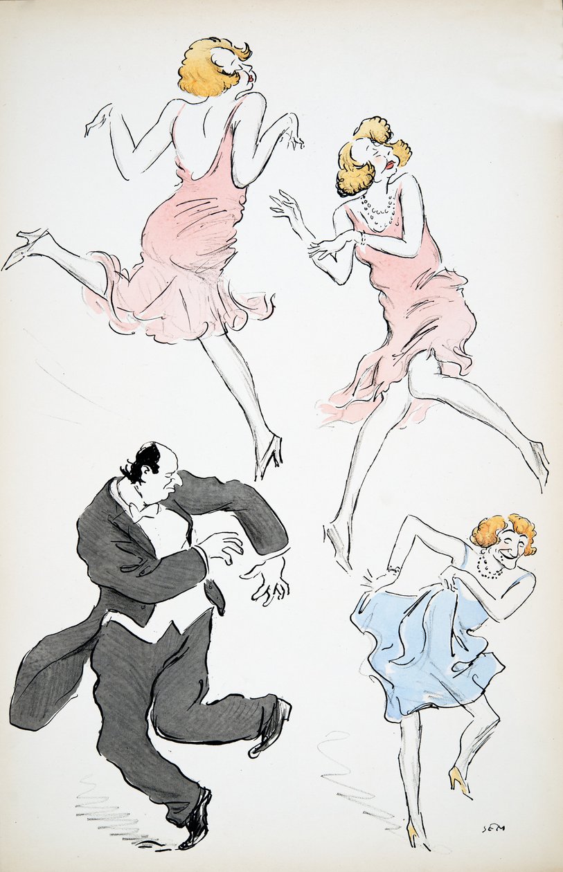 Tres ilustraciones de travestis en vestidos azules y rosados bailando con un caballero mayor en frac, de White Bottoms, pub. 1927 de Sem
