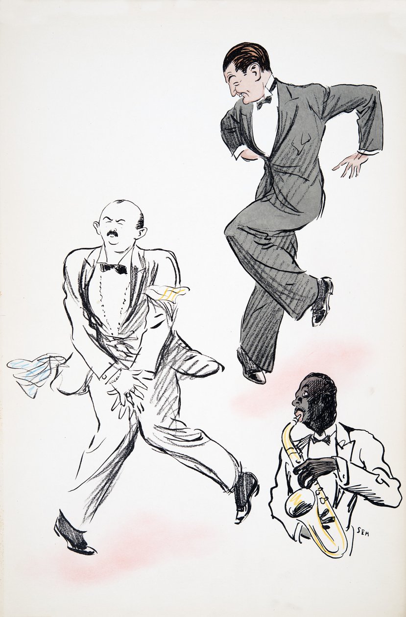 Dos caballeros en traje negro bailando jazz, tocado por un músico en el saxofón, de White Bottoms, pub. 1927 de Sem