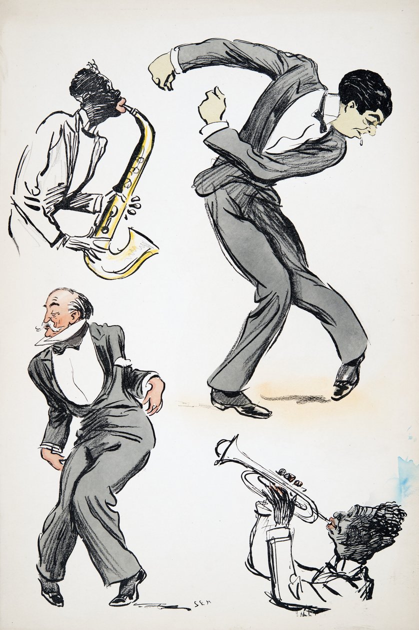 Dos hombres en trajes bailando mientras dos músicos tocan el saxofón y la trompeta, de White Bottoms, pub. 1927 de Sem