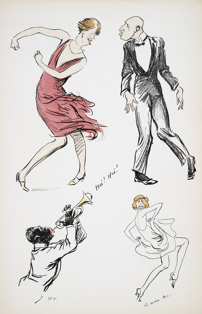 Dos travestis y un hombre en traje negro bailando al son de un saxofón, de White Bottoms, pub. 1927 de Sem