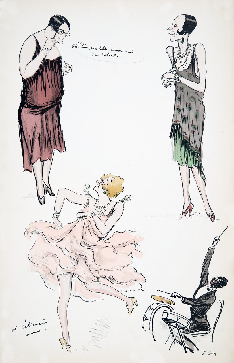 Dos travestis en conversación mientras otro baila al son de un músico en la batería, de White Bottoms, pub. 1927 de Sem