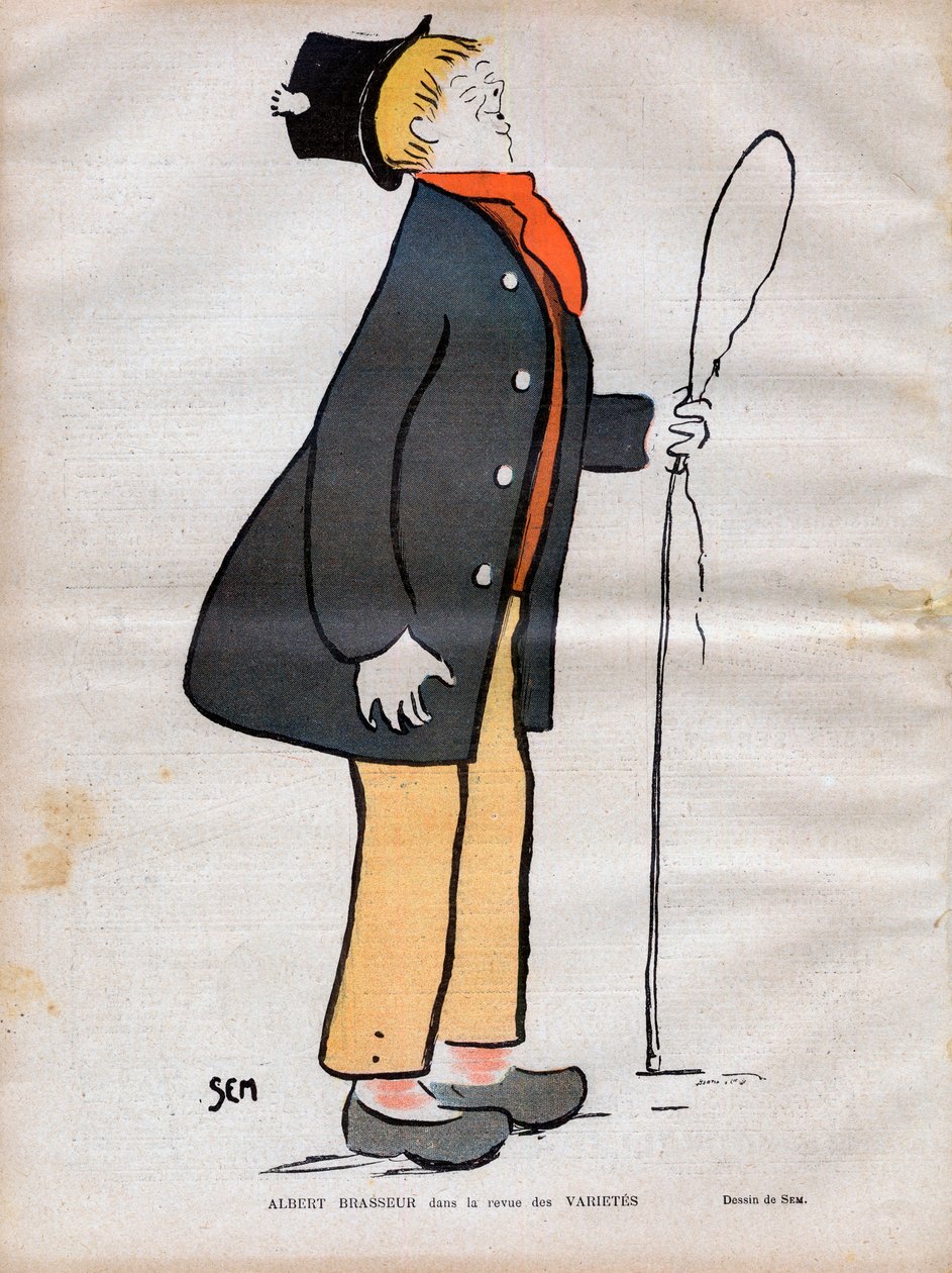 Albert Jules Dumont (1862-1932) dit Albert Brasseur, actor de teatro de bulevar y opereta en el diario de Varietes - Caricatura de SEM (Georges Goursat) (1863-1934) en Le rire de 1902 de Sem
