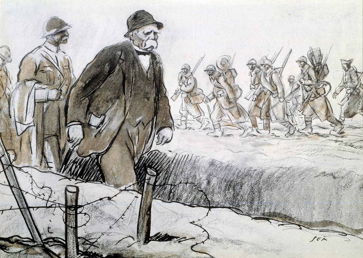 Primera Guerra Mundial: Retrato de Clemenceau (1841-1929) en una funda visitando el frente de Sem