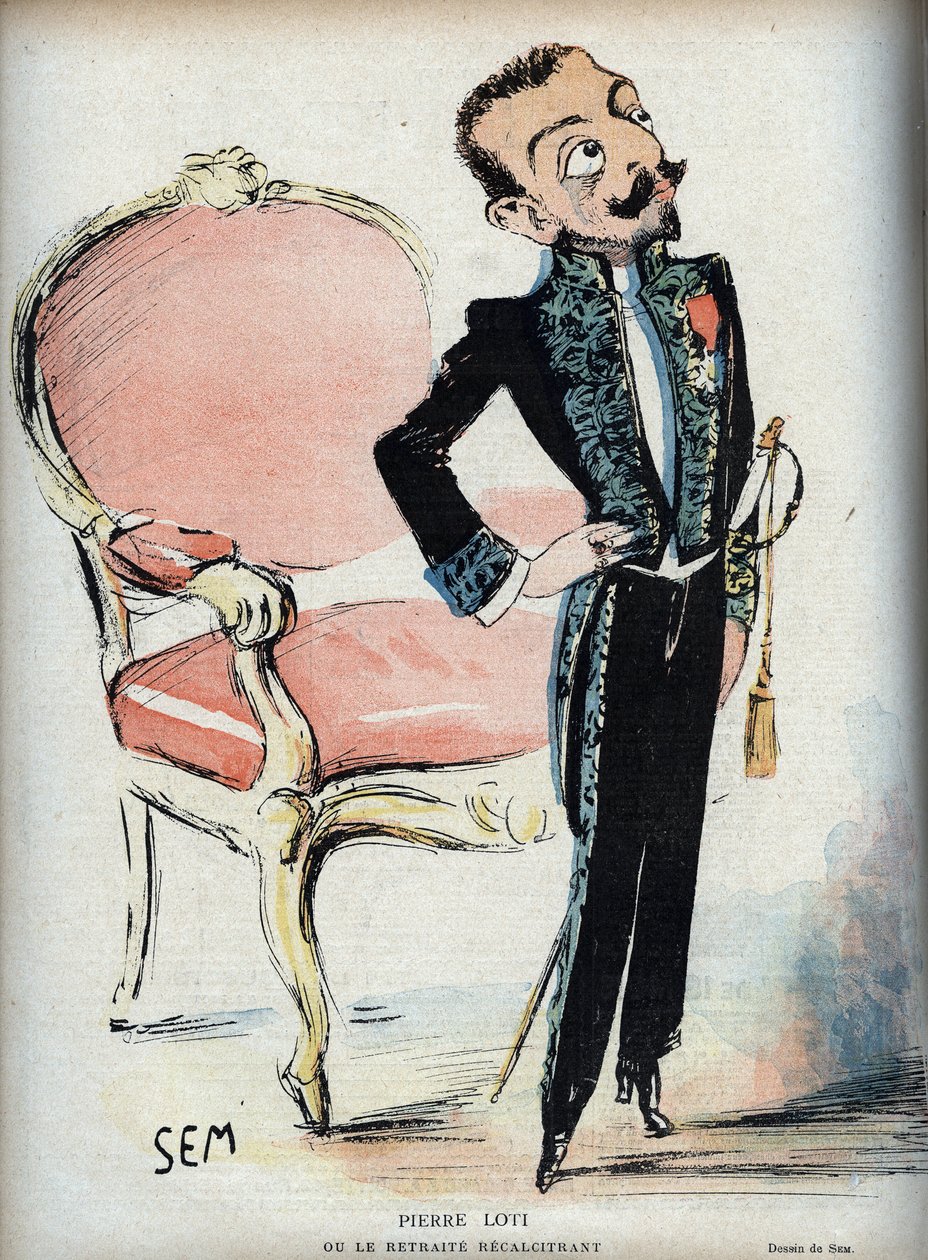 Pierre Loti (1850-1923) o el retiro recalcitrante - (con vestido verde de la Academia Francesa) - Caricatura de SEM (Georges Goursat) (1863-1934) en “Le rire de 1898 de Sem