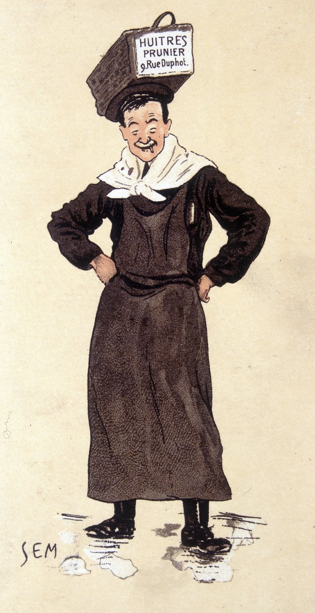 Vendedor de ostras de la tienda Prunier. Cromolitografía firmada SEM (1863 - 1934) de Sem