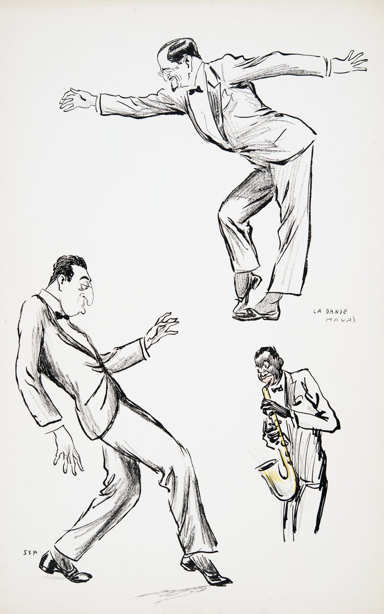 Dos caballeros en traje negro realizan La Danse Havas al son de un saxofón, de White Bottoms, pub. 1927 de Sem