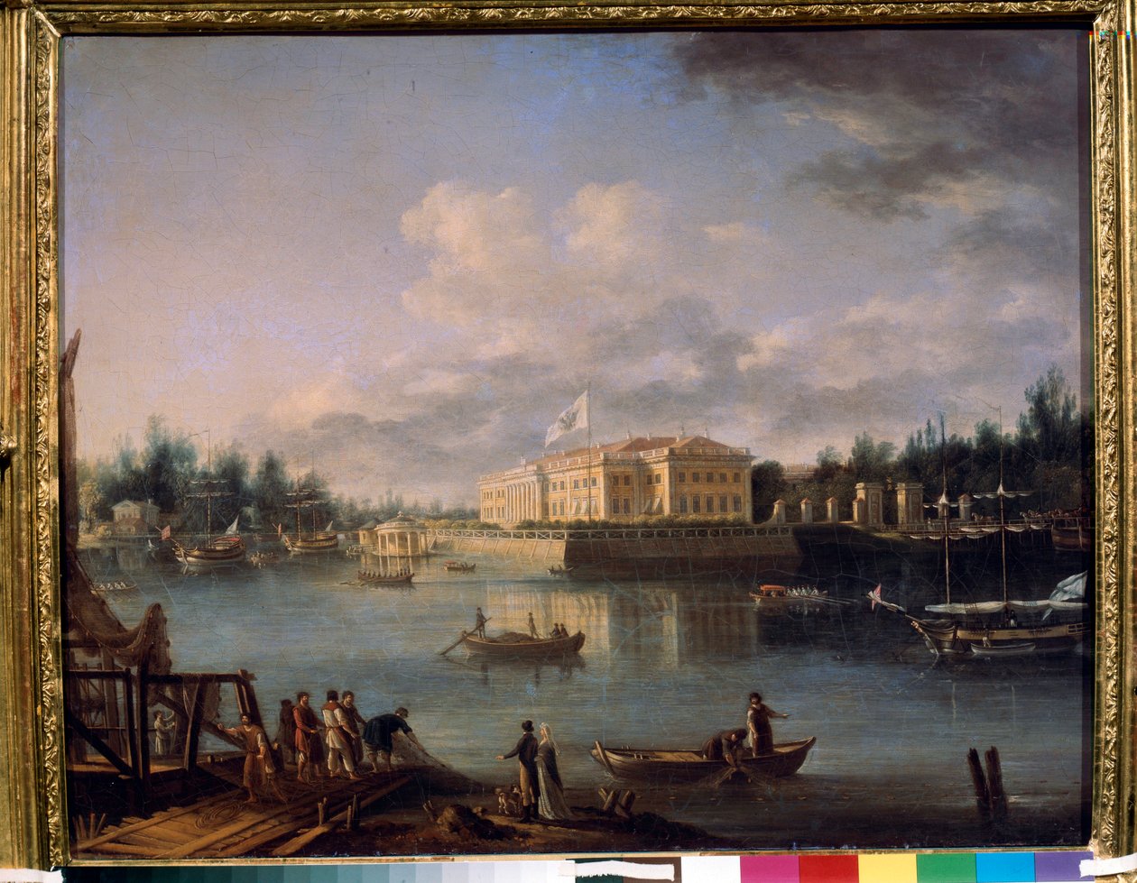 Vista del Palacio Kamennoostrovsky desde el terraplén Strogonov, San Petersburgo. Pintura de Semyon Fyodorovich Shchedrin (Semion Shchedrin) (1745-1804), óleo sobre lienzo de Semen Fedorovich Shchedrin