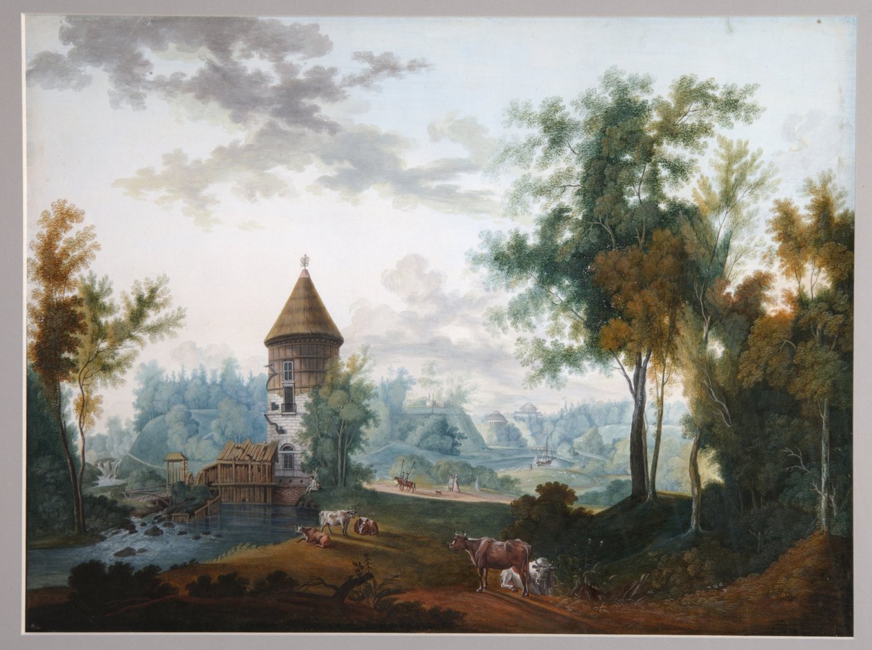 Molino y Torre Pil en el parque Pavlovsk, antes de 1797 de Semyon Fyodorovich Shchedrin