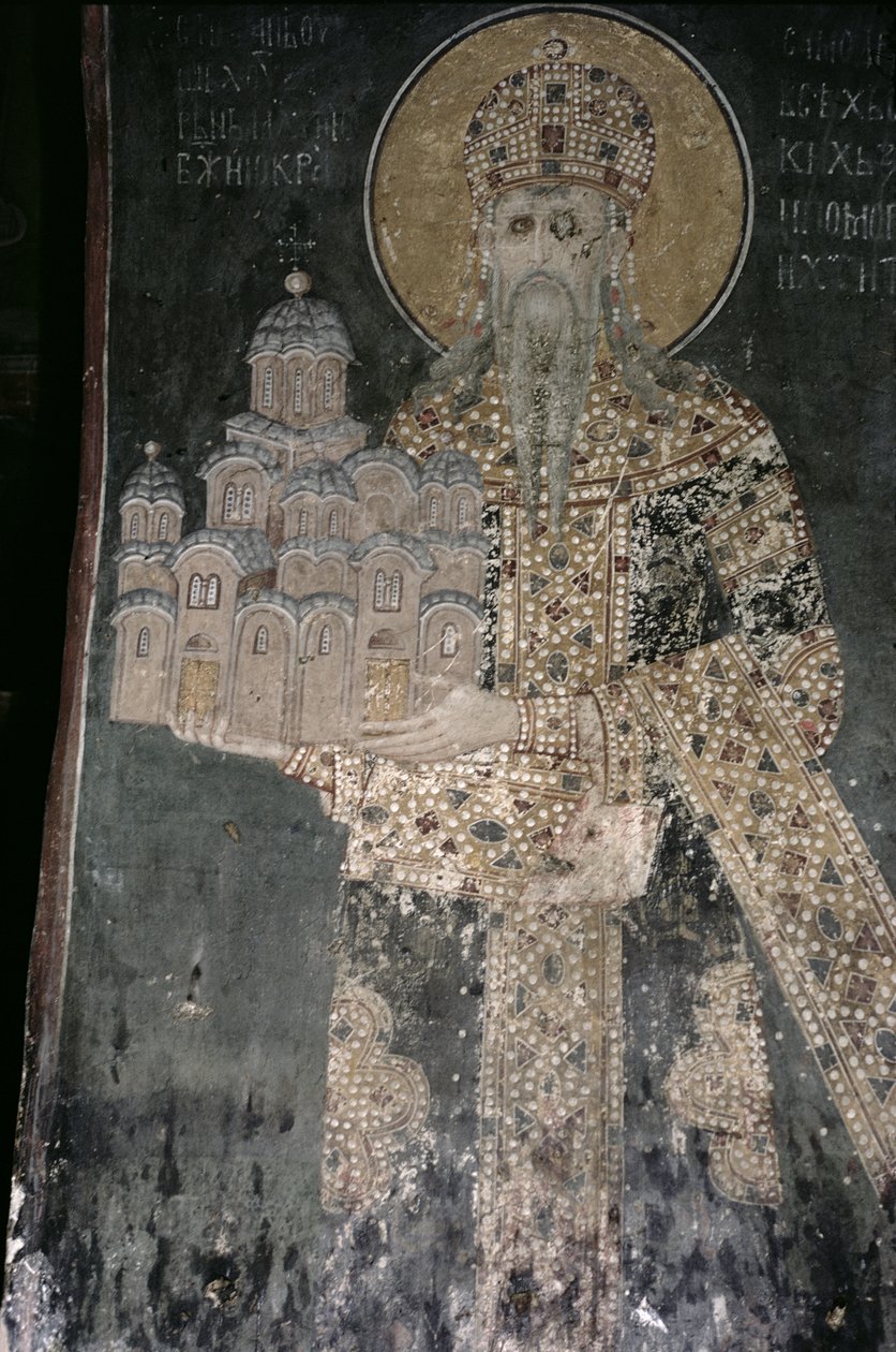 Rey Esteban Uroš II Milutin con un modelo de la iglesia, 1311-21 de Serbian School