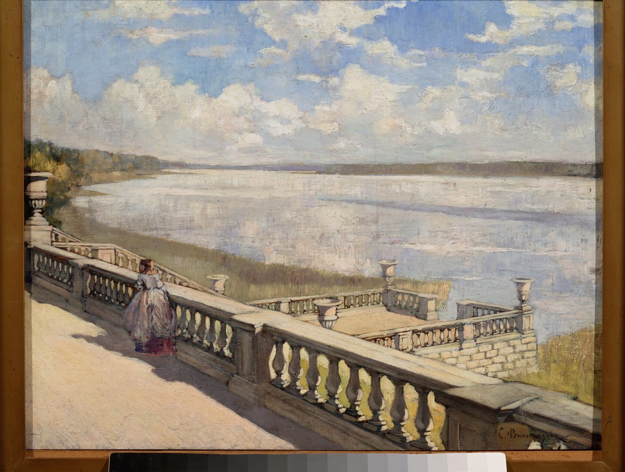 Día soleado, una dama en la balaustrada - Pintura de Sergei Arsenyevich Vinogradov (1869-1938), óleo sobre lienzo de Sergei Arsenevich Vinogradov
