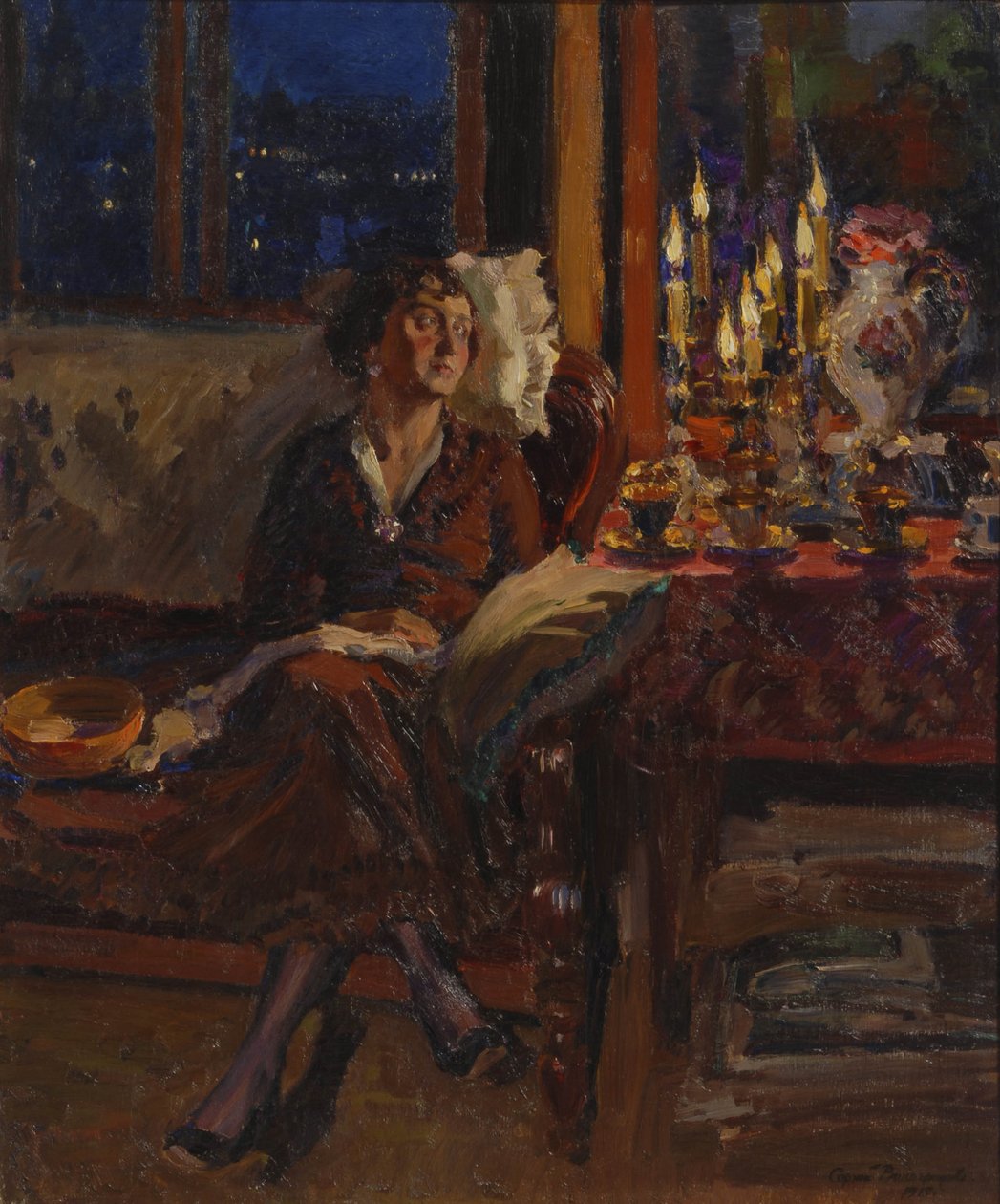 Dama con libro en un interior, 1917 de Sergei Arsenevich Vinogradov