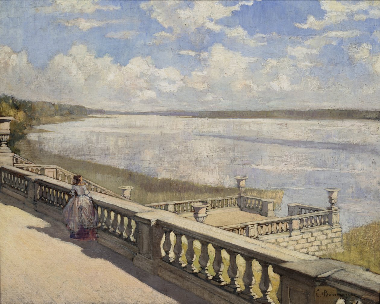 Día soleado. Una dama en la balaustrada de Sergei Arsenevich Vinogradov