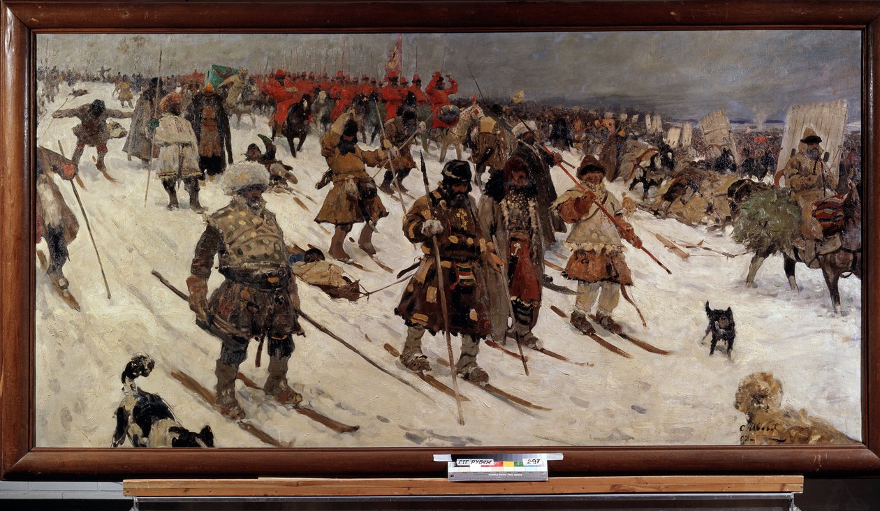 Campaña militar rusa en el siglo XVI; (Campaña militar de los rusos en el siglo XVI). Guerreros rusos sobre esquís avanzando por la nieve. Pintura de Sergei Vasilyevich Ivanov (1864-1910), óleo sobre lienzo de Sergei Ivanovich Gribkov