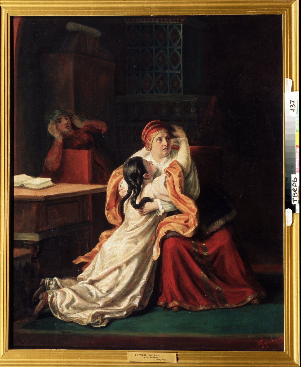 Zarina Kseniya Godunova (1581-1622) (Zarevna Kseniya Godunova). Un niño asustado corriendo a los brazos de alguien. Pintura de Sergei Ivanovich Gribkov (1820-1893), óleo sobre lienzo, arte ruso del siglo XIX. Galería de Arte Regional, Tver (Rusia) de Sergei Ivanovich Gribkov