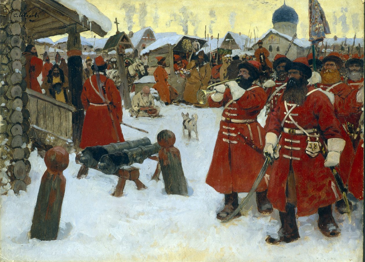 La compañía de streltsy (strelets) - Pintura de Sergei Vasilyevich Ivanov (1864-1910), óleo sobre lienzo de Sergei Ivanovich Gribkov